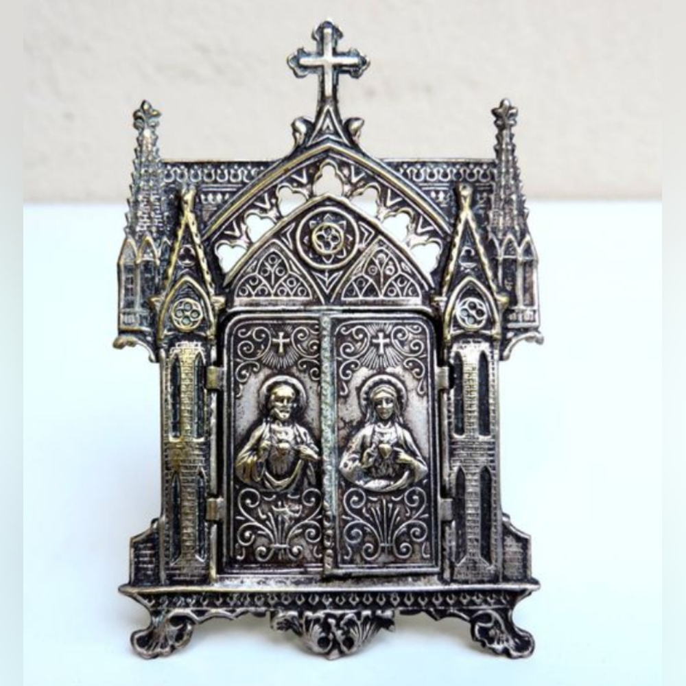 Antique French 1800's Sterling Gothic Cathedral Religious Triptych Travel Shrine